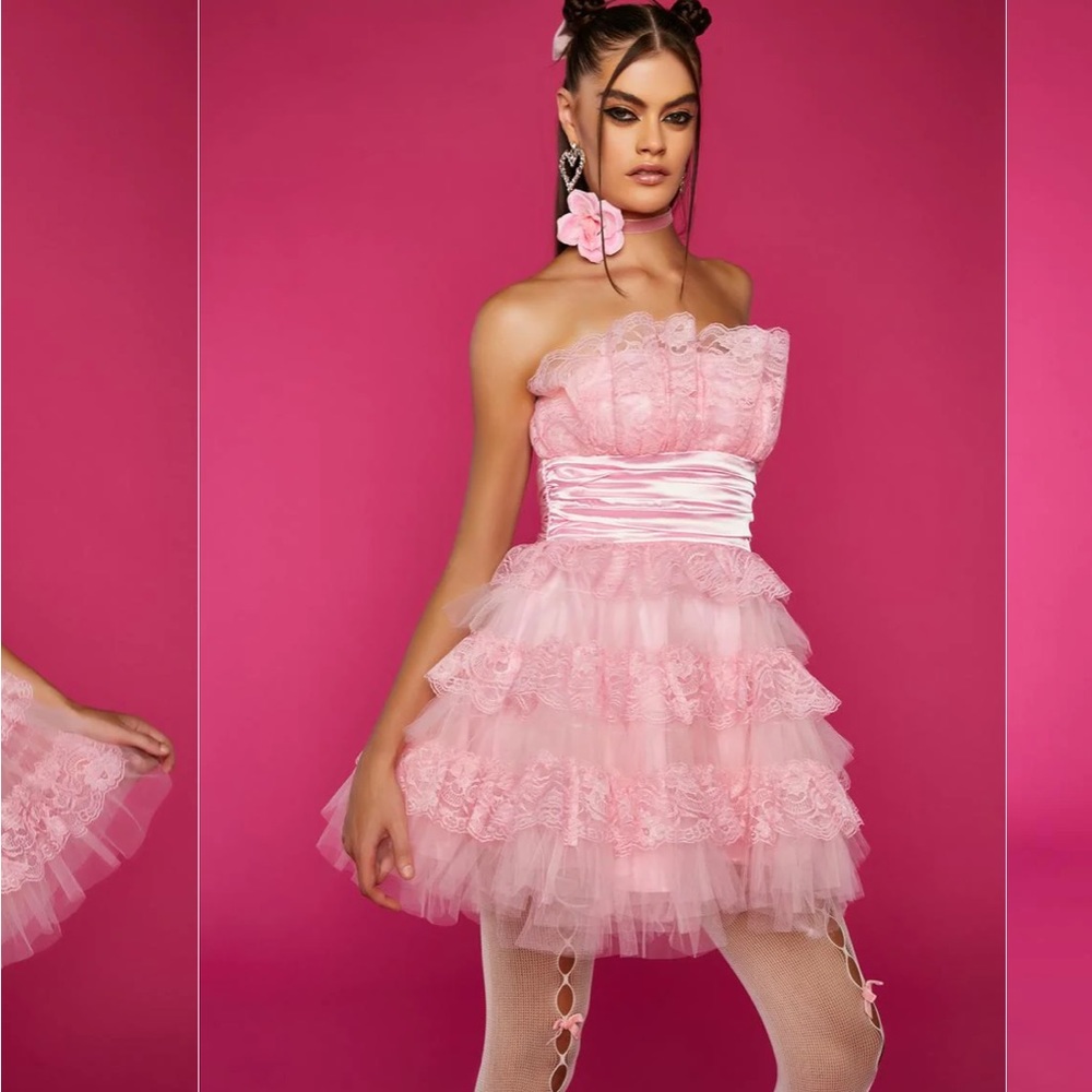 Dolls Kill Pink Strapless Ruffle Mini Dress - Picture 2 of 6
